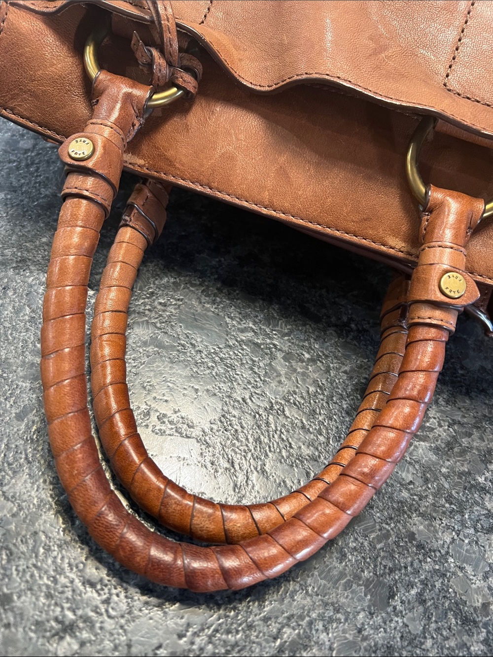 Frye Cognac Brown Leather Satchel with Chain-Leather Strap - Picture 9 of 16